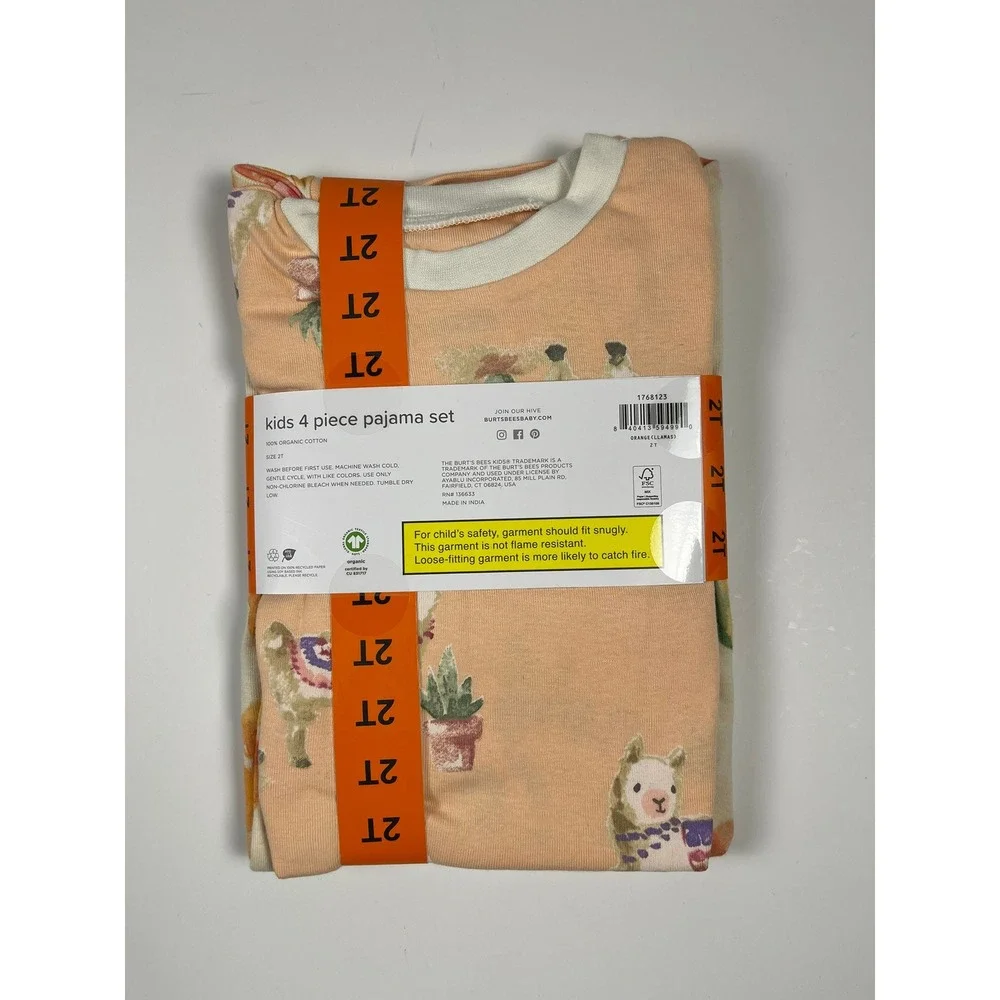 Burt's Bees Baby Kids 4 Piece Pajama Set 2T Orange Llamas Cactus Organic Cotton